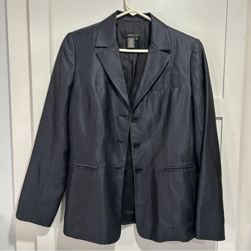 BCBG Max Azria 100% Silk Black 3 Button Long Sleeve Blazer Women 8
